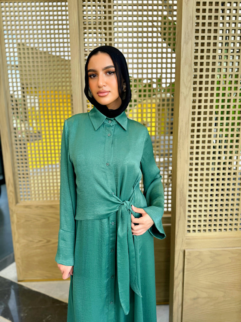 Overlap Tie Satin Dress - Teal