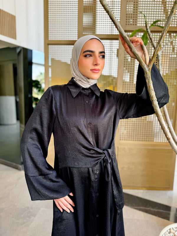 Overlap Tie Satin Dress-Black