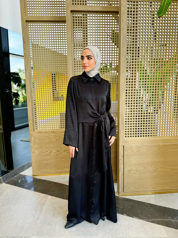 Overlap Tie Satin Dress-Black