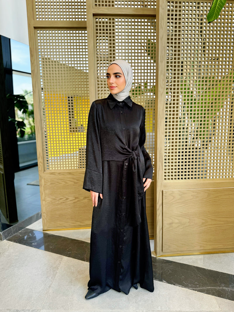 Overlap Tie Satin Dress-Black