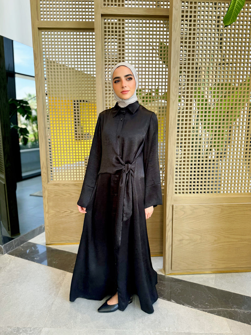 Overlap Tie Satin Dress-Black