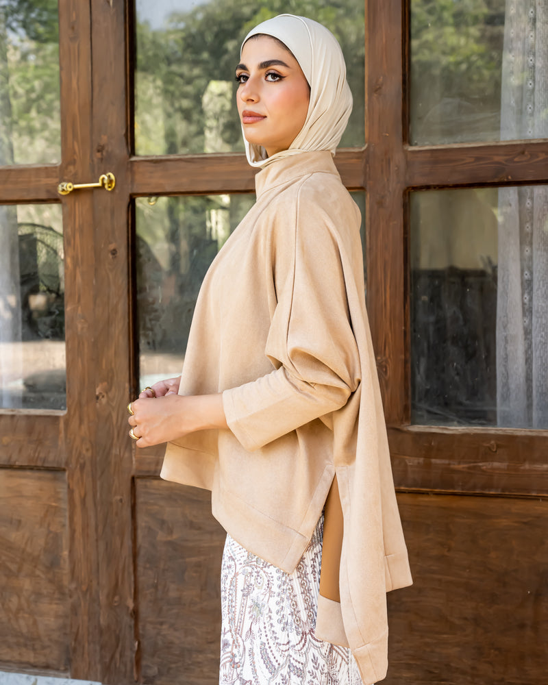 Oversized Suede Blouse-Beige