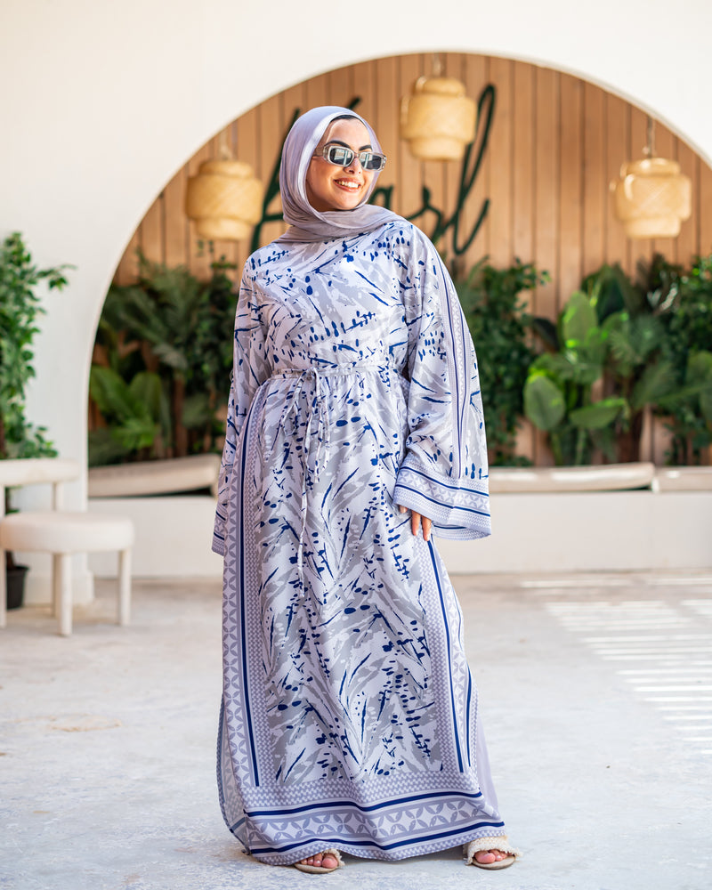 Printed Border Slits Dress - Grey
