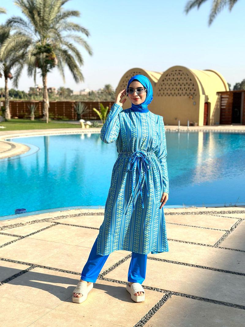 Printed Drawstring Burkini-Blue
