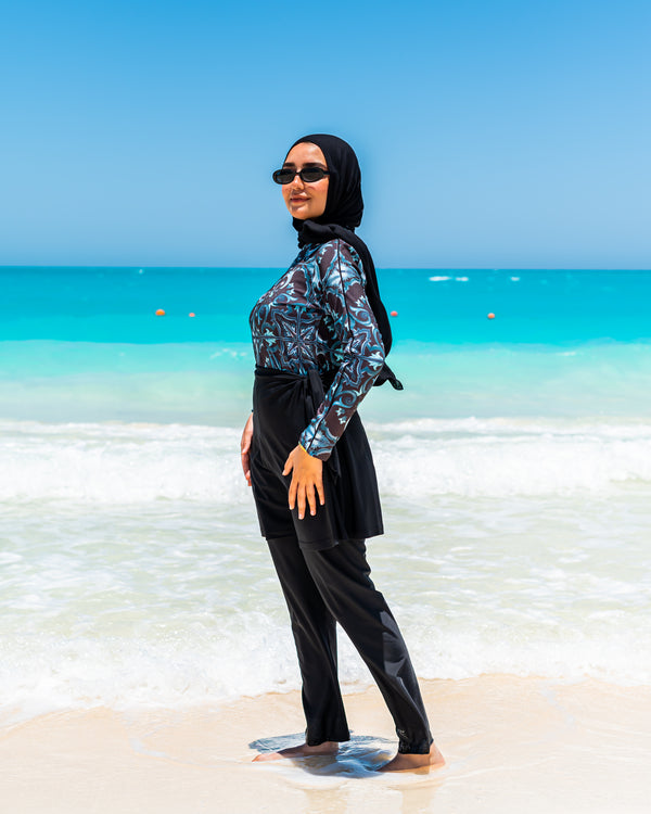 Printed Piped Burkini-Black*Teal