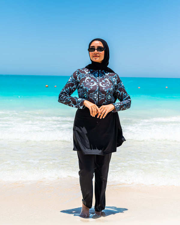 Printed Piped Burkini-Black*Teal