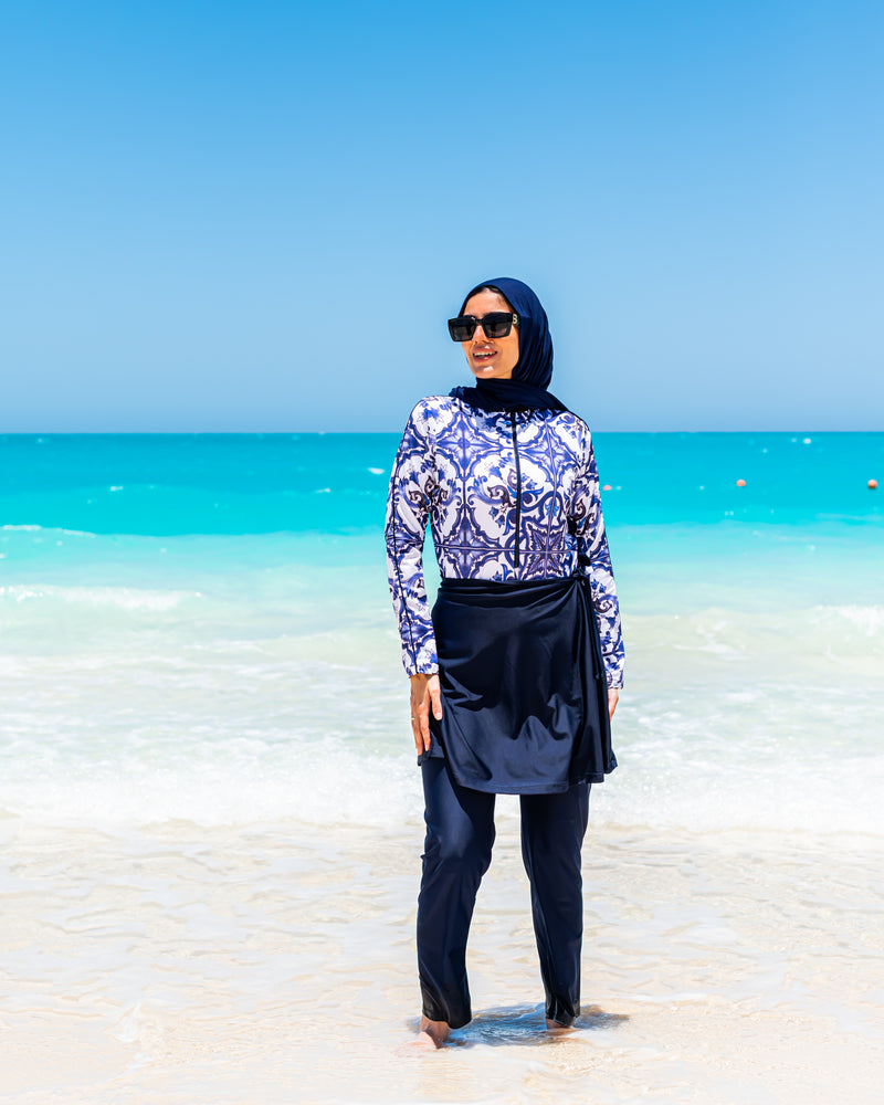 Printed Piped Burkini-White*Blue