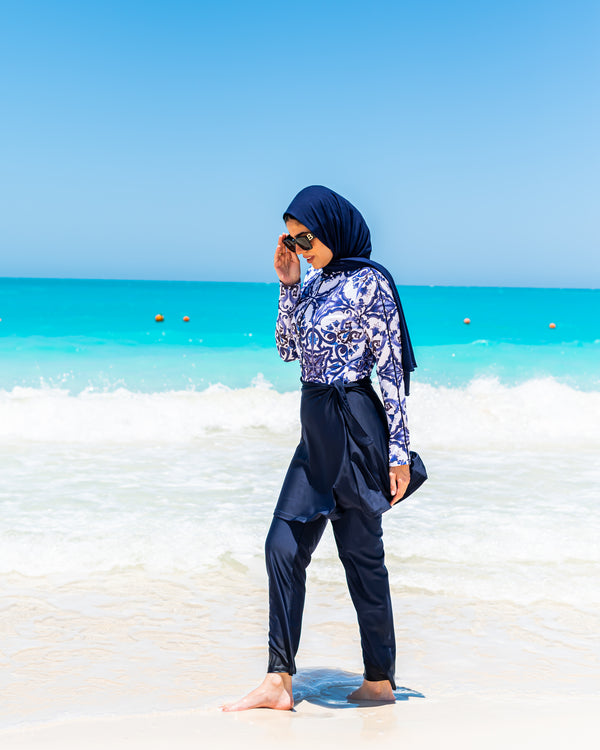 Printed Piped Burkini-White*Blue