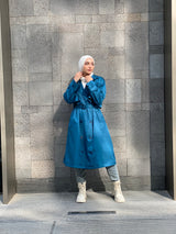 Puffy Sleeves Trench Coat-Teal