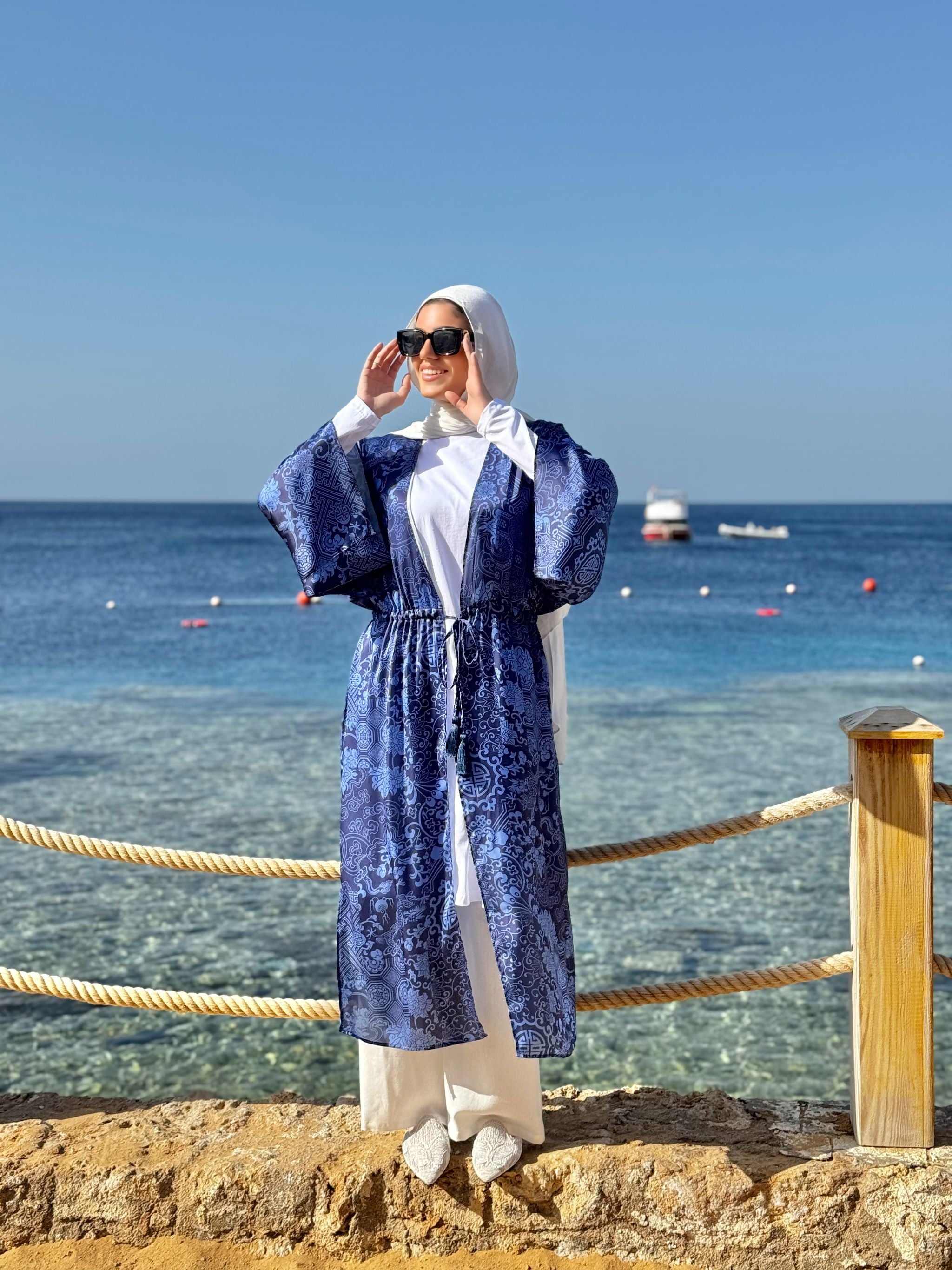 Satin Drawstring Kimono-Dark Blue – Hijab Boutique