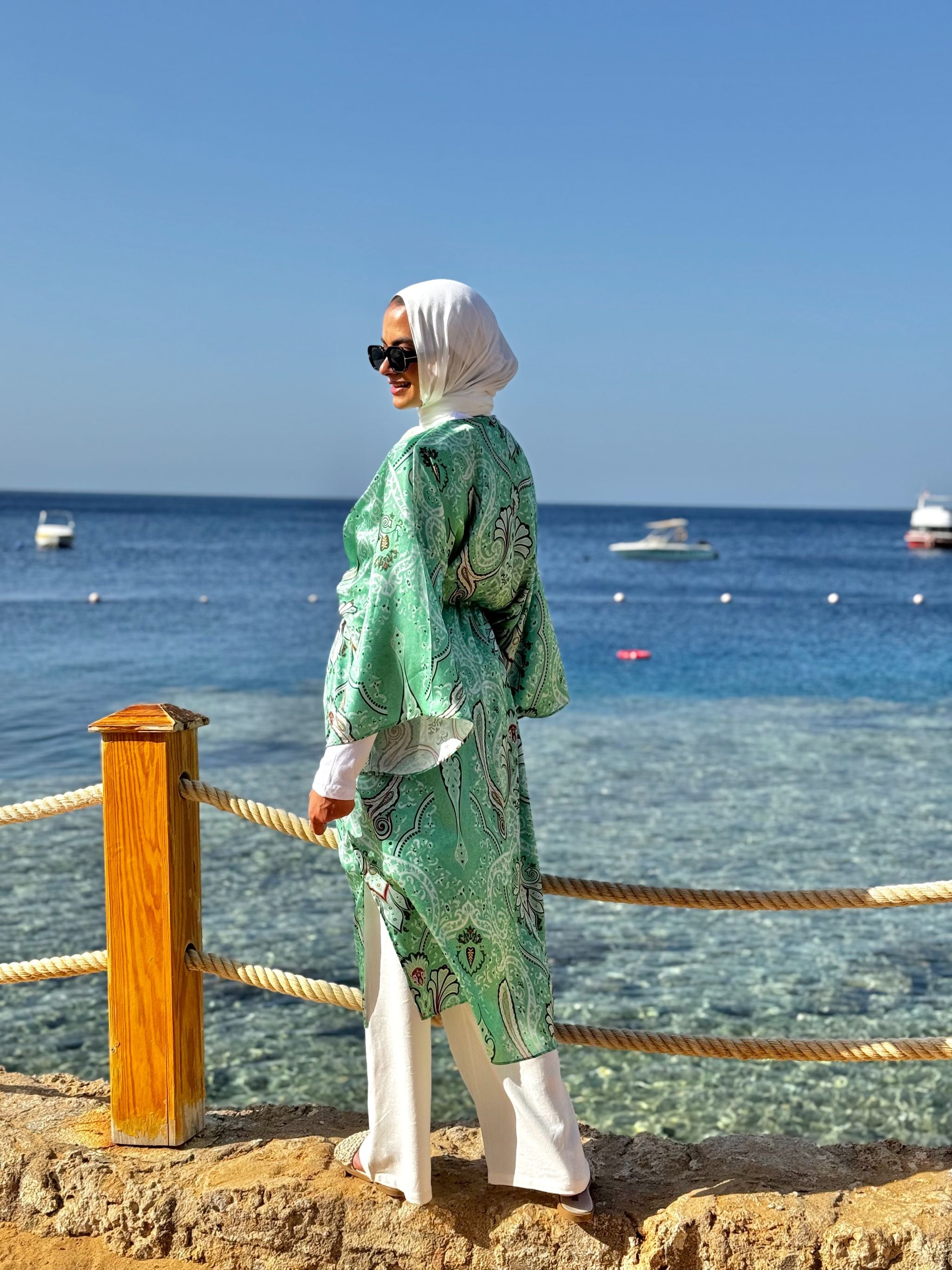 Satin Drawstring Kimono-Green