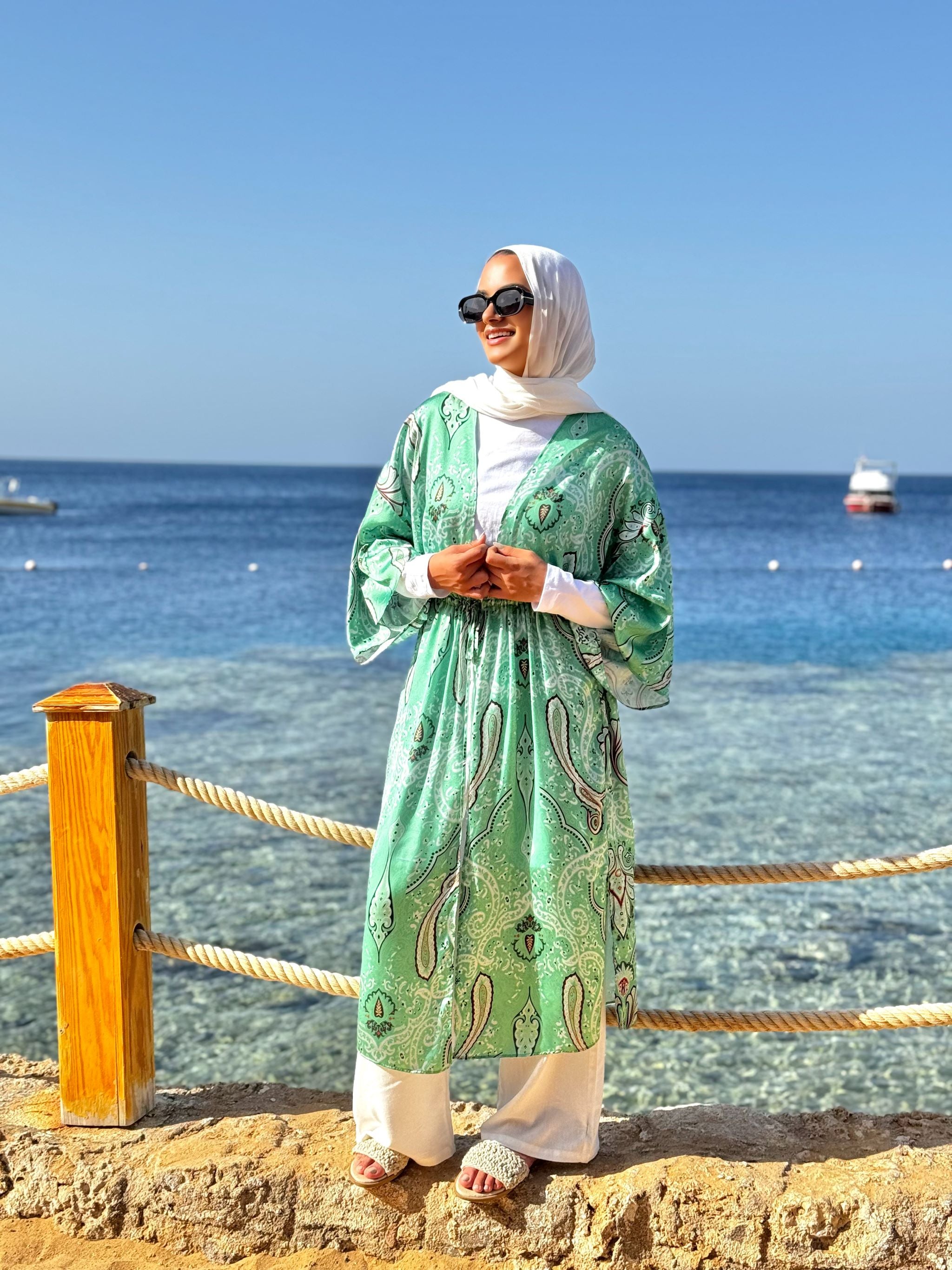 Satin Drawstring Kimono-Green
