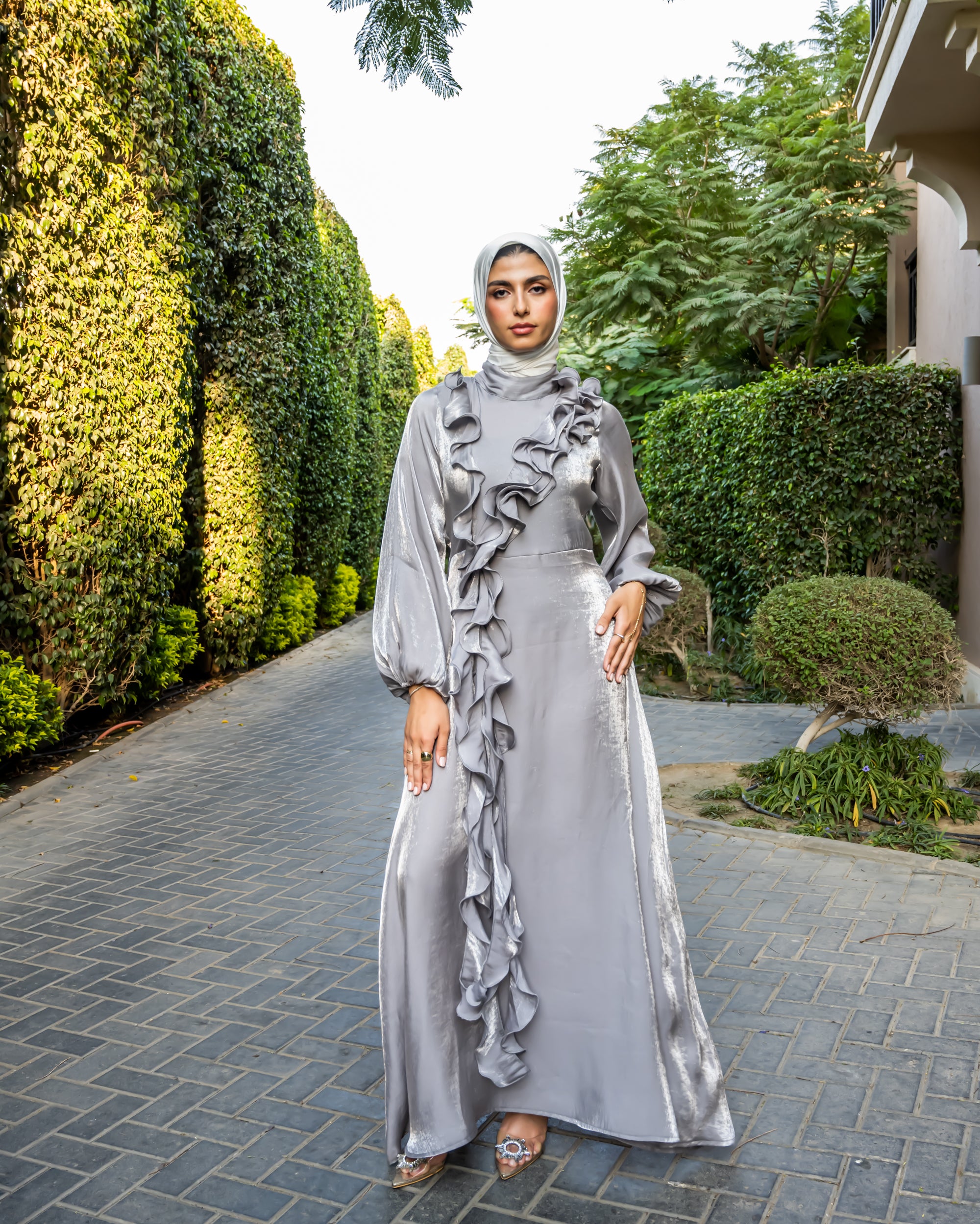 Shimmer Ruffled Dress - Silver ( Available at stores only ) – Hijab ...