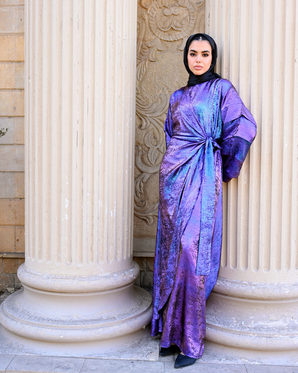 Shiny Pleated Sleeves Dress - Purple