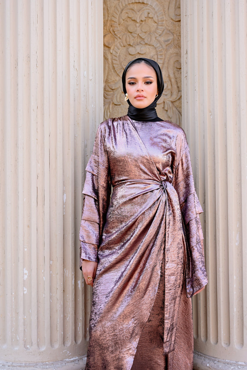 Shiny Pleated Sleeves Dress - Rose Gold