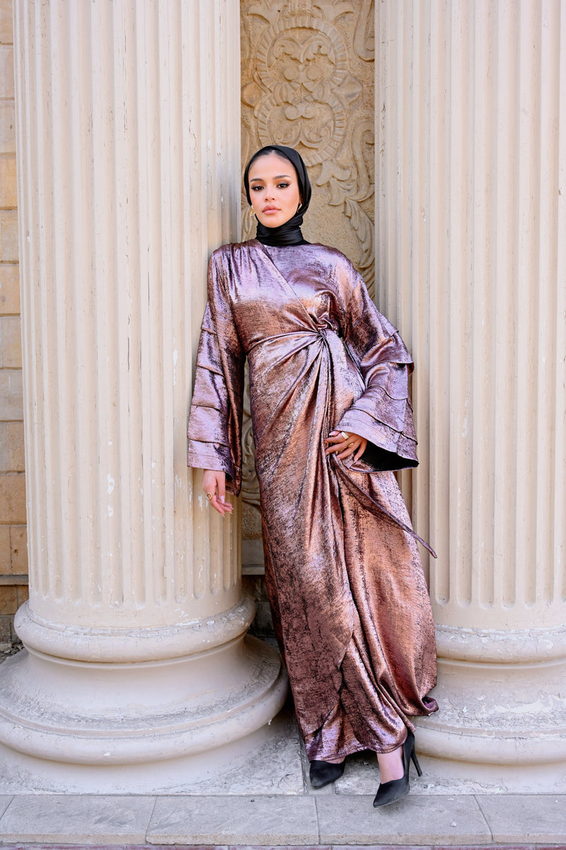 Shiny Pleated Sleeves Dress - Rose Gold