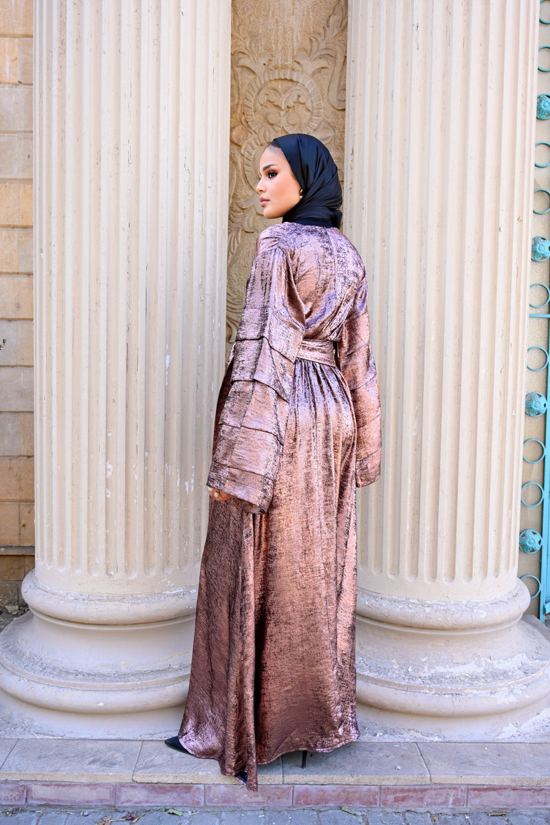 Shiny Pleated Sleeves Dress - Rose Gold