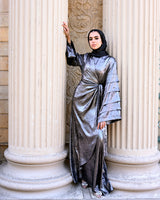 Shiny Pleated Sleeves Dress - Silver