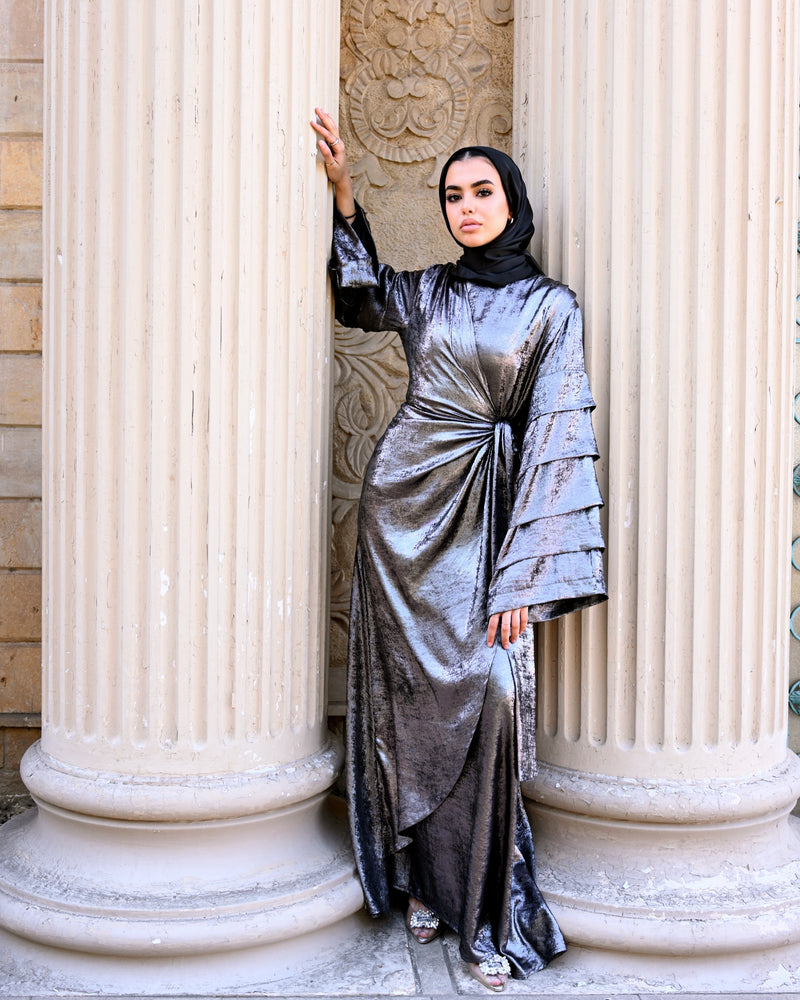 Shiny Pleated Sleeves Dress - Silver