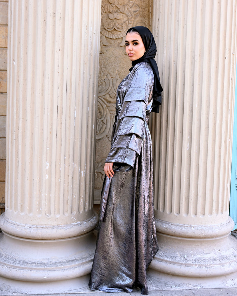 Shiny Pleated Sleeves Dress - Silver