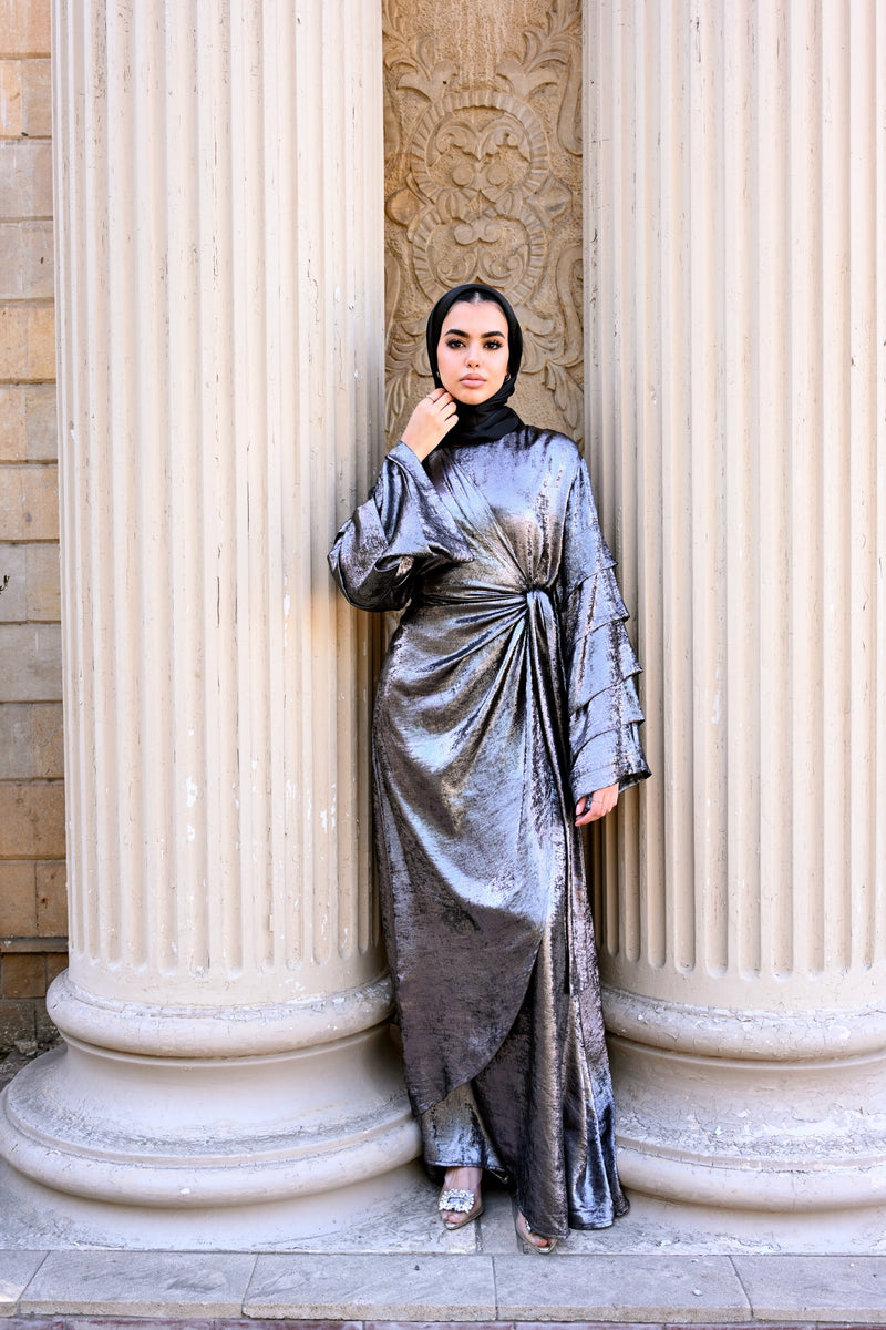 Shiny Pleated Sleeves Dress - Silver