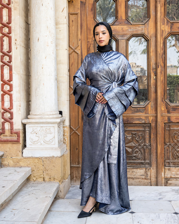 Shiny Pleated Sleeves Dress - Silver