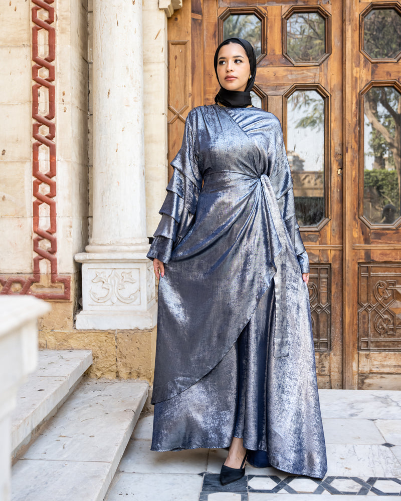 Shiny Pleated Sleeves Dress - Silver