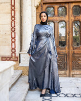 Shiny Pleated Sleeves Dress - Silver