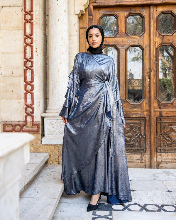 Shiny Pleated Sleeves Dress - Silver