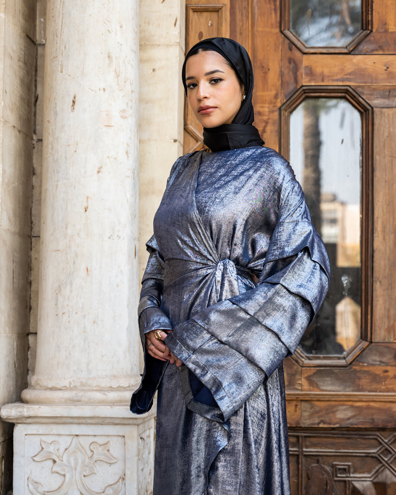 Shiny Pleated Sleeves Dress - Silver