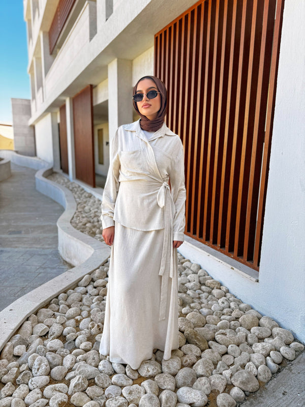 Side Tie Overlap Dress - Beige
