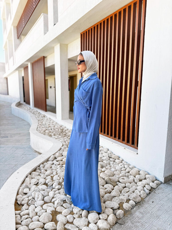 Side Tie Overlap Dress - Blue