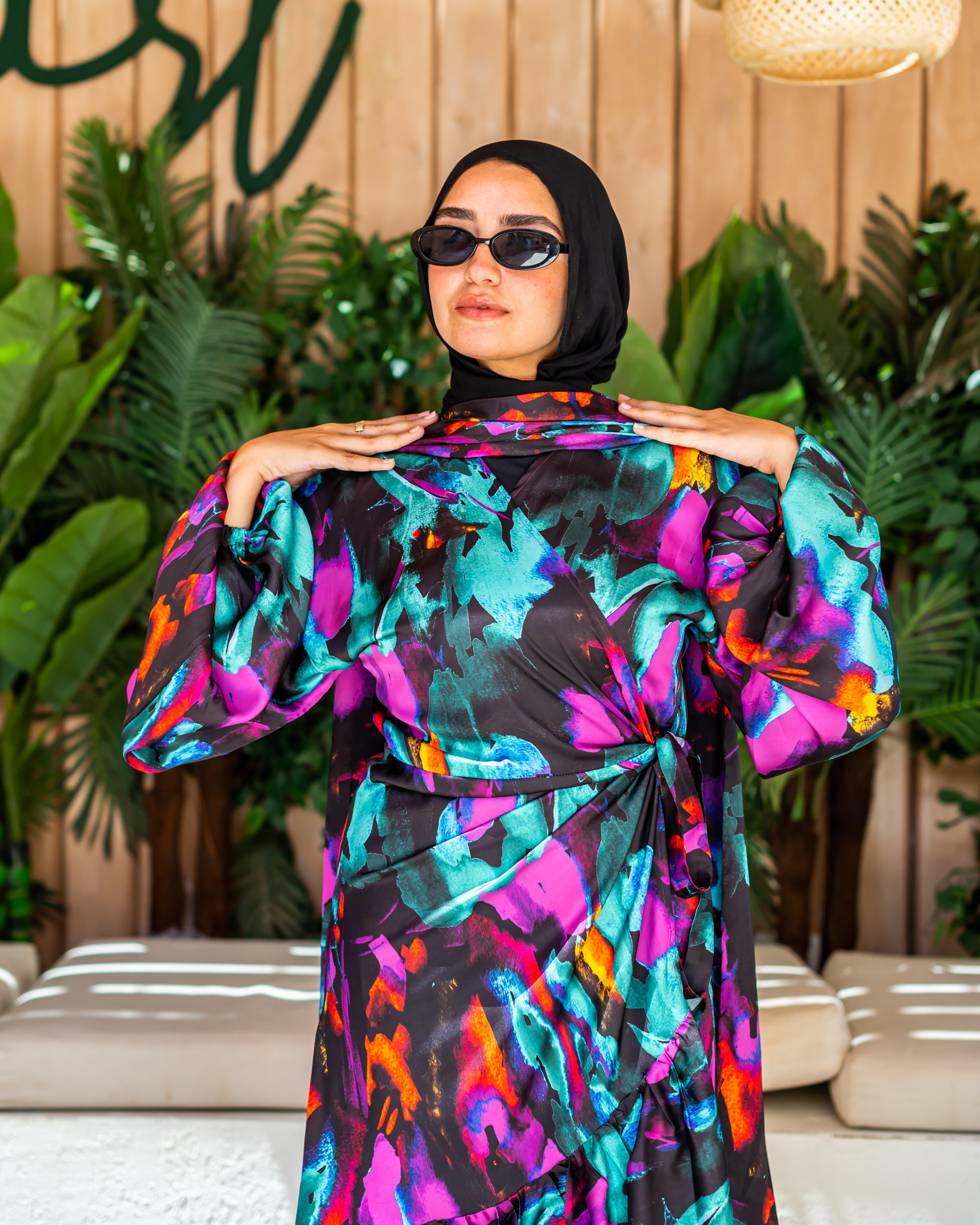 Tie-Dye Dress With Scarf-BLack