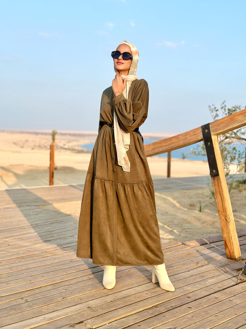 Tiered Suede Dress-Olive