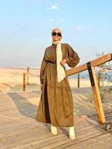 Tiered Suede Dress-Olive
