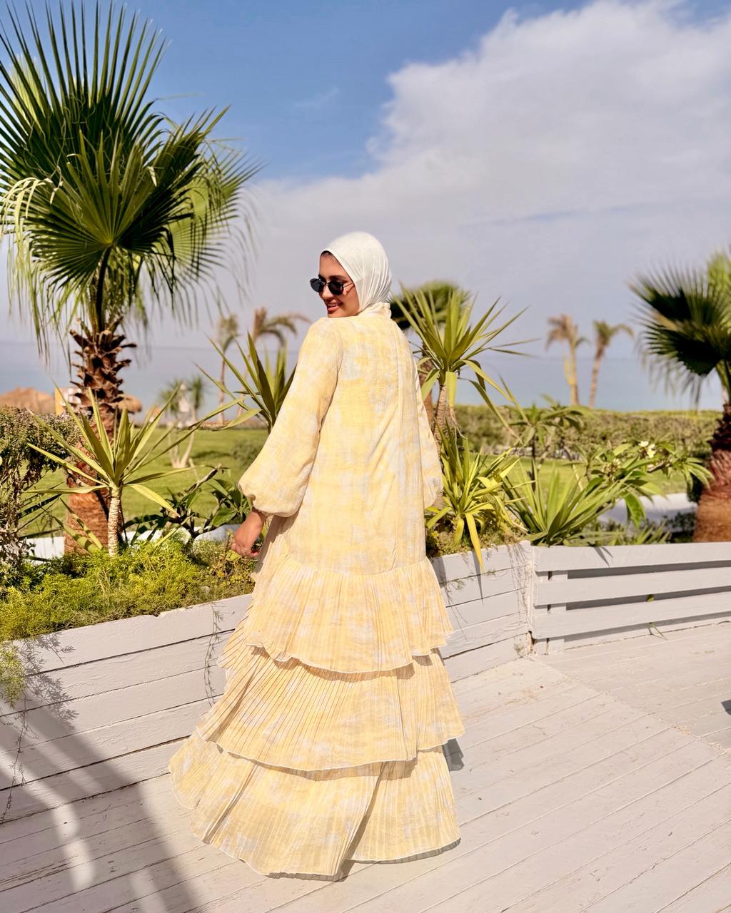 Double Pleated Layers Dress -Yellow