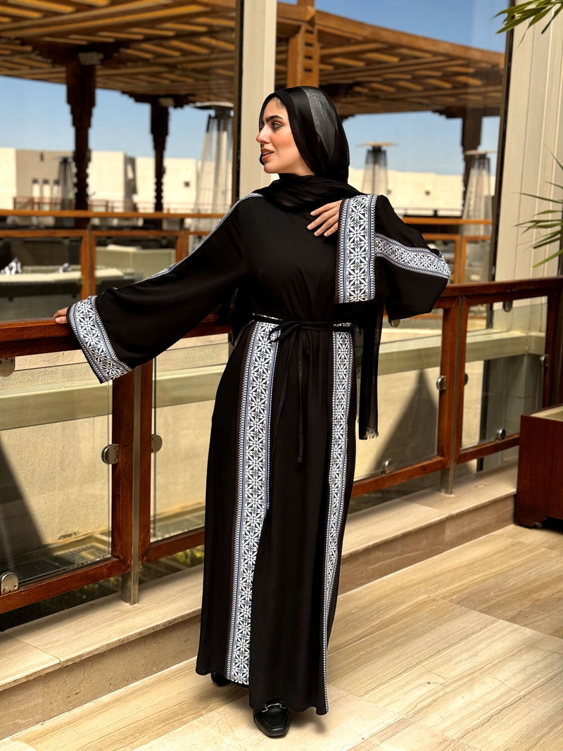 Borderd Side Slit Dress-Black*Blue