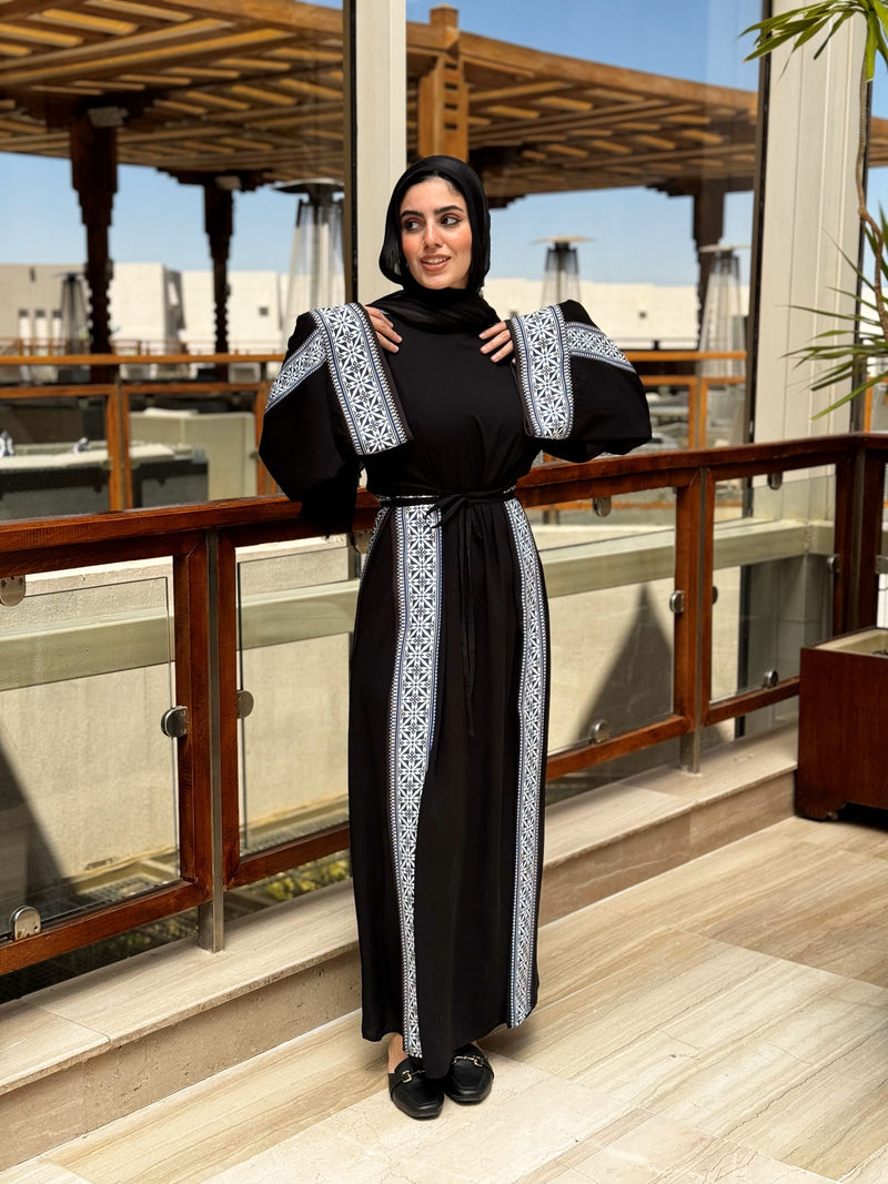 Borderd Side Slit Dress-Black*Blue Hijab Boutique Borderd Side Slit Dress-Black*Blue Hijab Boutique