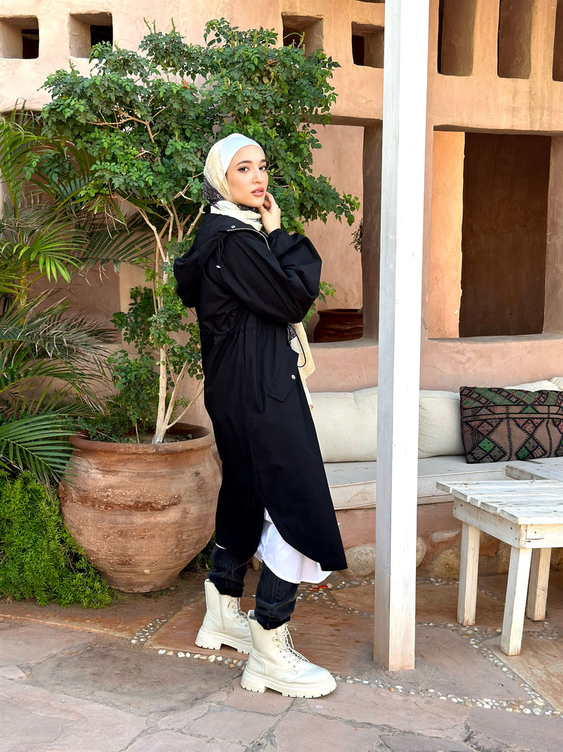 Drawstring Coat-Black