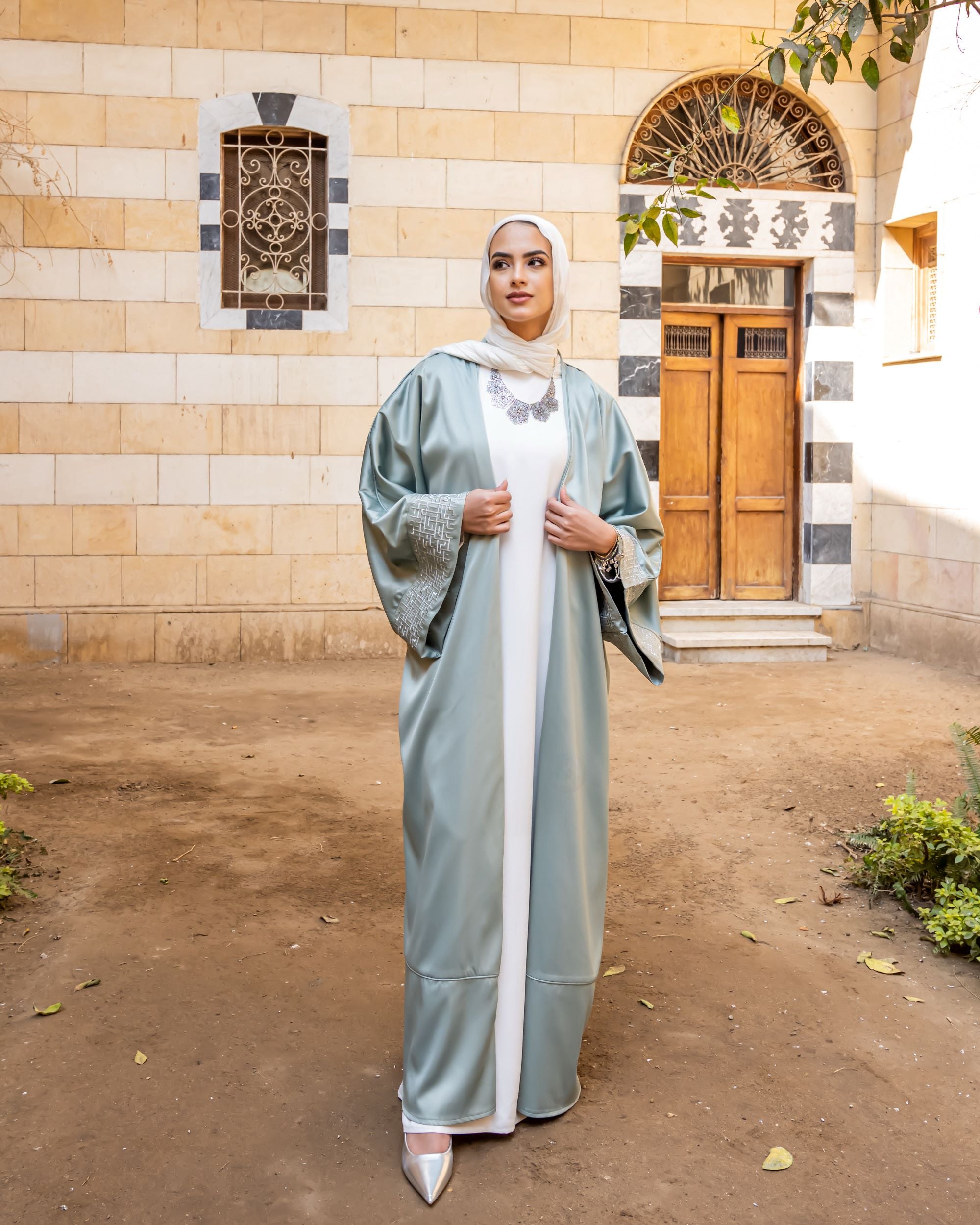 Embroidered Cuffs Kaftan-Mint