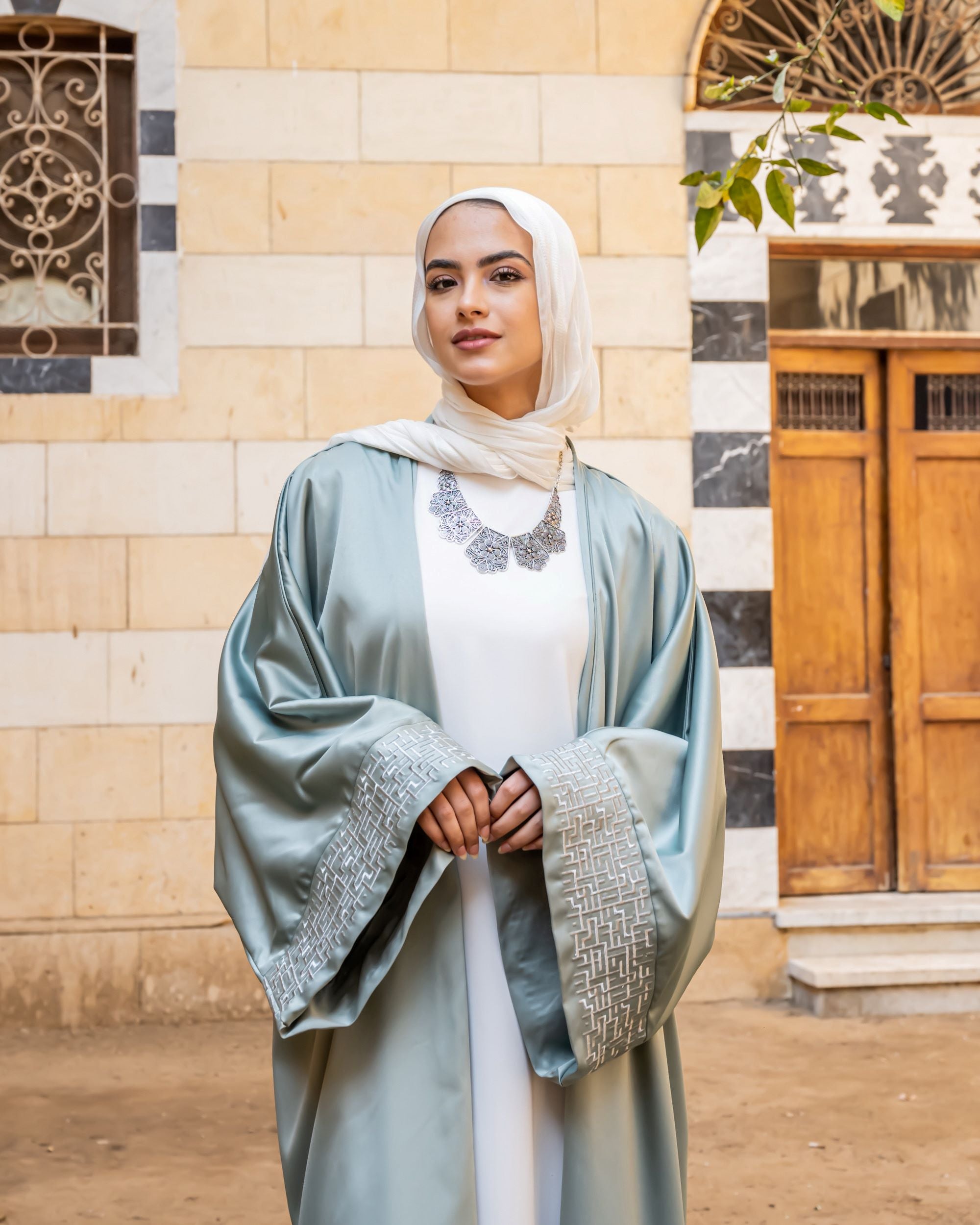Embroidered Cuffs Kaftan-Mint