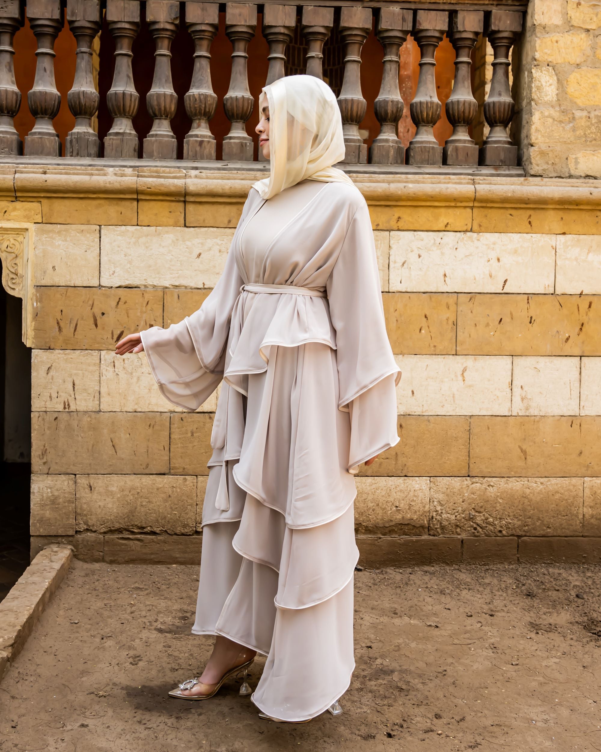 Layered Chiffon Abaya-Beige