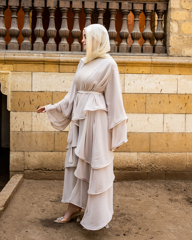Layered Chiffon Abaya-Beige