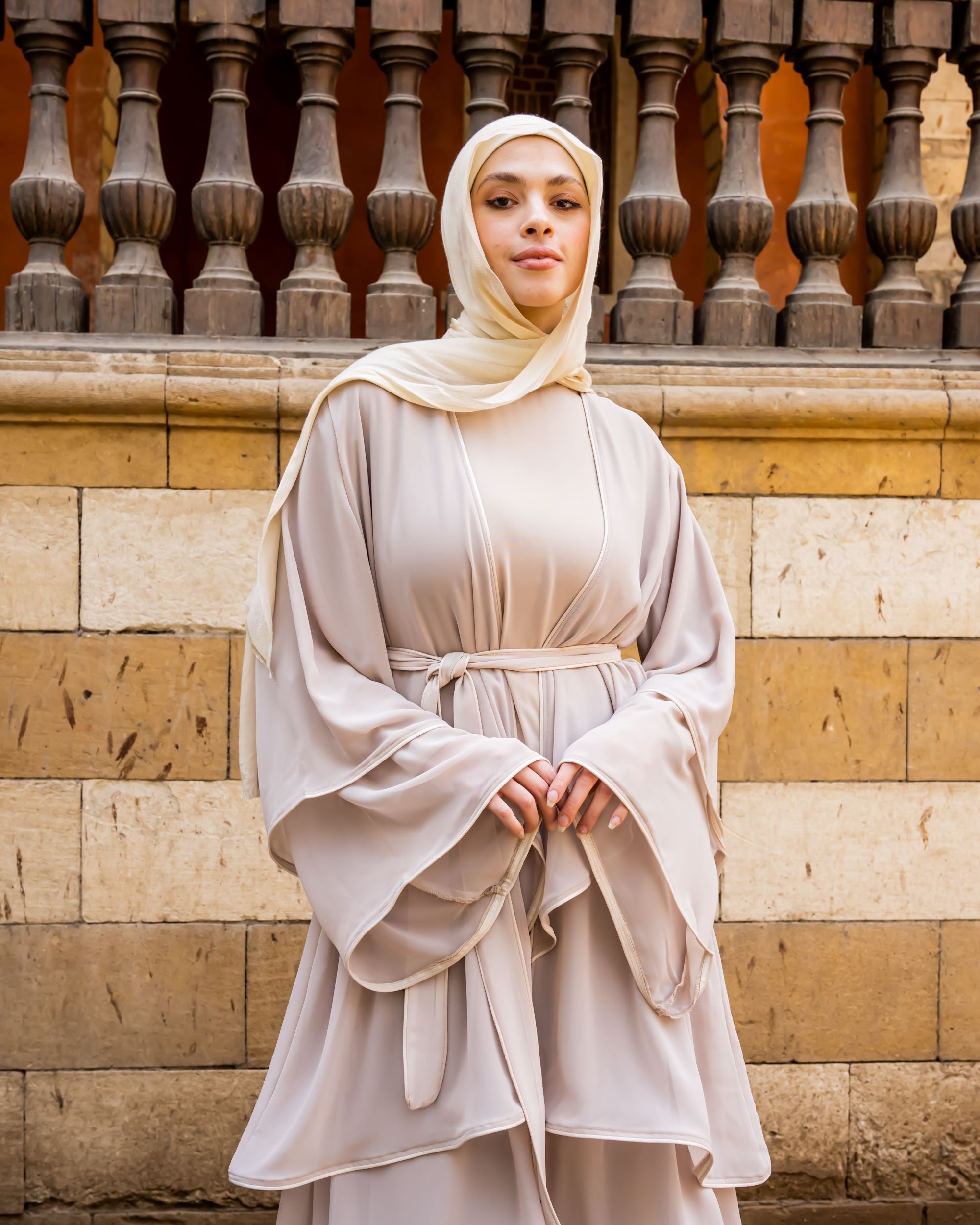 Layered Chiffon Abaya-Beige