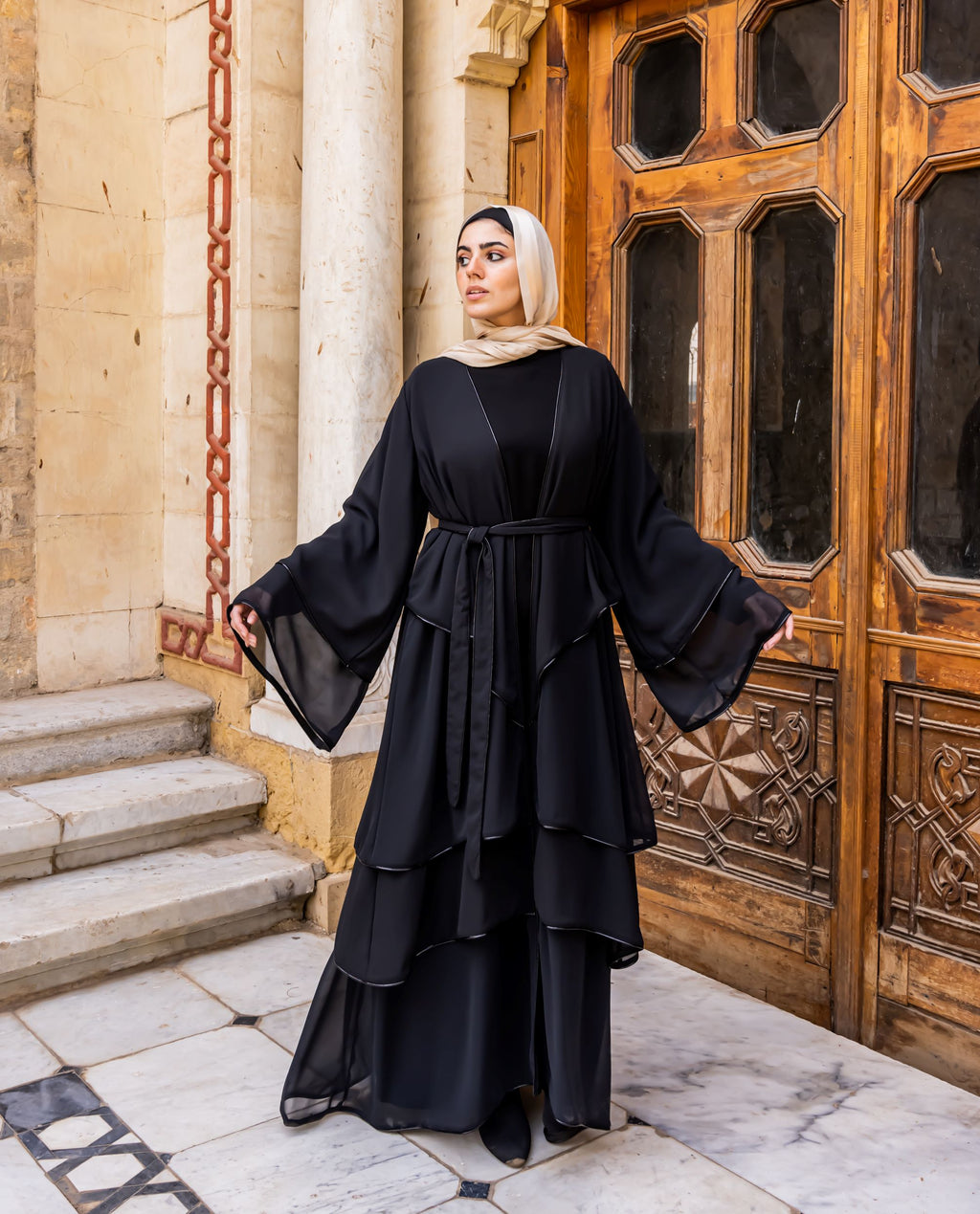 Layered Chiffon Abaya Black