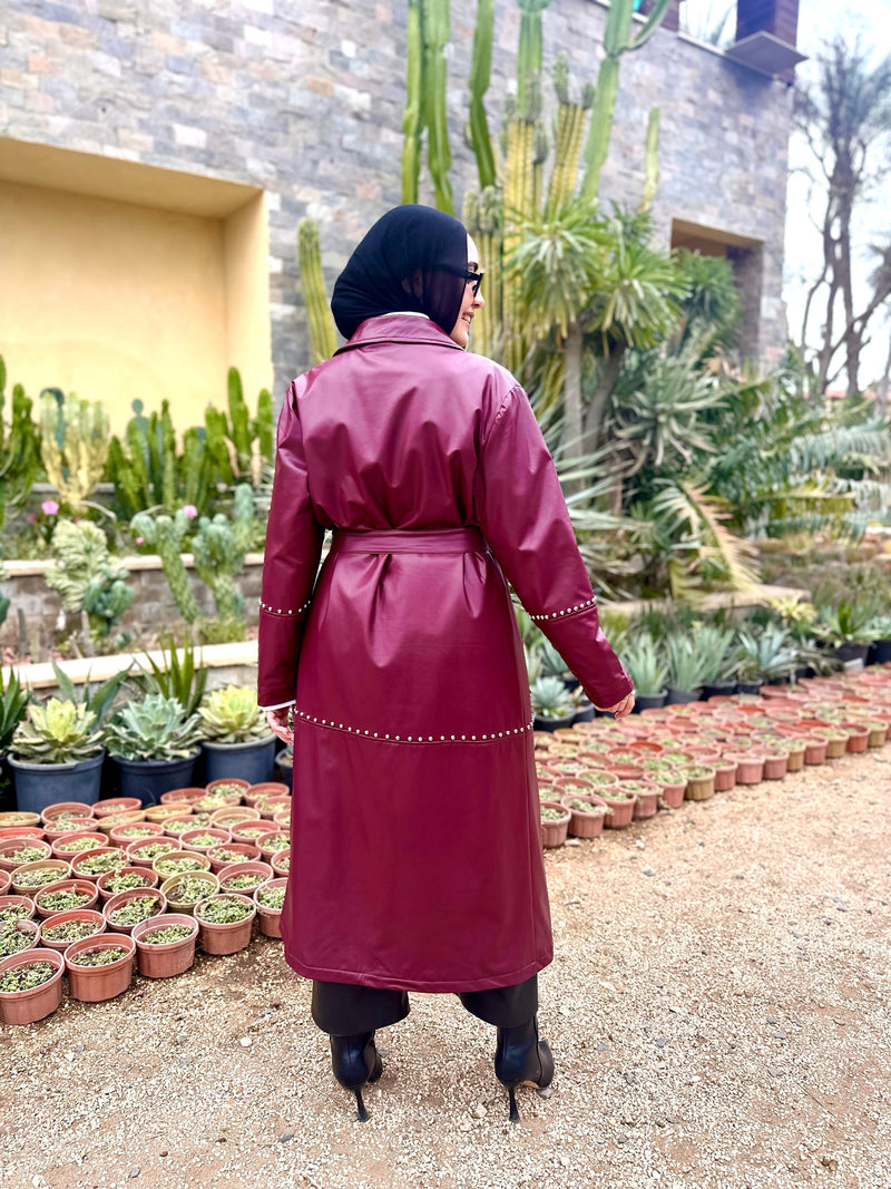 Leather Coat With Studs-Maroon