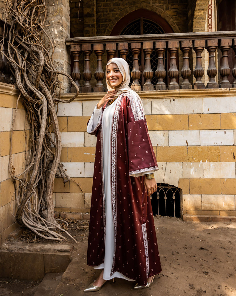 Oriental Printed Cardigan-Maroon