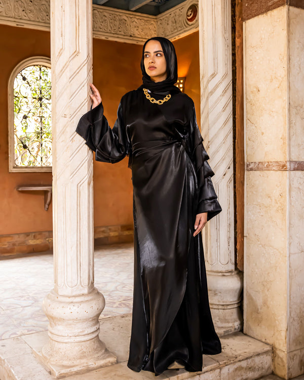Pleated Sleeves Shimmer Dress-Black