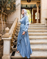 Pleated Sleeves Shimmer Dress-Blue