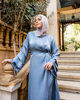 Pleated Sleeves Shimmer Dress-Blue